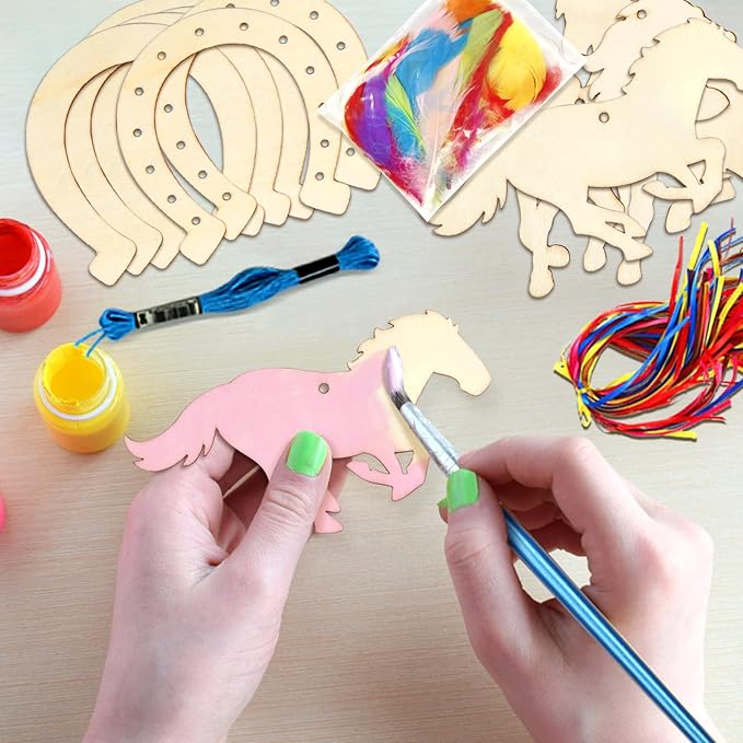 Fennoral 30 Pack Wooden Horse Craft for Kids Unfinished Wooden Cutouts Horse Horseshoes for Girls Boys Paint You Own Horse Dream Catcher Craft for Kids DIY Art Activity Party Favors Decoration