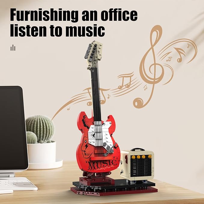 Guitar Music Interactive Building Set for Music Lovers, DIY Guitar Model Toy Compatible with Lego，Reverb Amplifier & Authentic Accessories, Perfect Way to Rock Gift Giving.