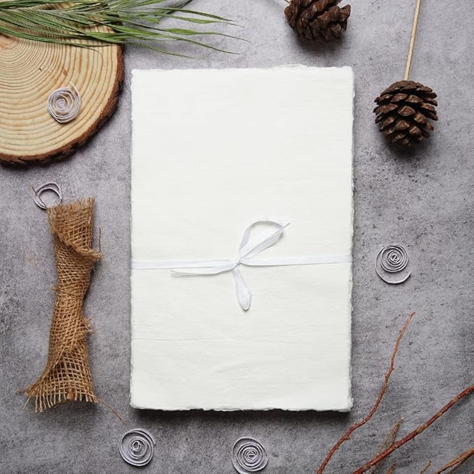 50 Sheets - Rough/Textured Watercolor Paper - 7.5 X 11.5 inches(150GSM) - Handmade/Deckle Edge Paper Made from Virgin Egyptian Cotton - Off-White by Leather Village