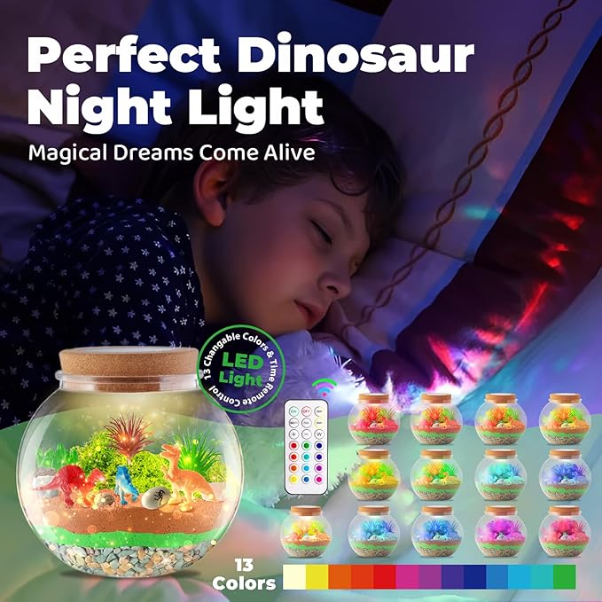 Dinosaur Gifts for Boys - Dinosaur Light-Up Terrarium Kit for Kids - Birthday Gift for Boys Ages 4 5 6 7 8-12 Year Old - DIY Dinosaur Toys for Boys - Arts and Crafts Kit for Kids