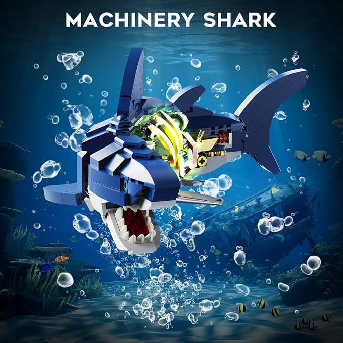 Mechanical Shark Building Set with LED Light, 687 PCS Movable Ocean Animal with Display Stand, Sea Fish Building Block Toy, Home Decor Gift for Adults Teens Kids Boys Ages 12+