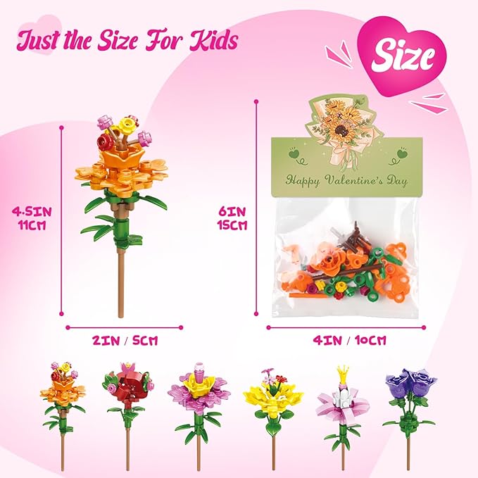 Valentines Day Gifts for Kids - 24 Pack Prepacked Valentine's Day Cards with Flower Building Blocks Crafts for School Classroom Class Party Favor, Valentines Craft Exchange for Boys Girls Teens