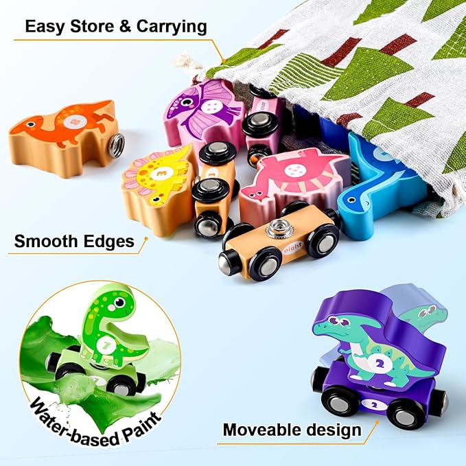 Magnetic Wooden Train Toys for 2 Year Old Boy Gifts, Snap Matching Dinosaur Toy Train for Toddlers 3-5, Dinosaur Toys for Kids 2-4 - Learning Montessori Toys for Toddler Boy Girl Birthday Gifts