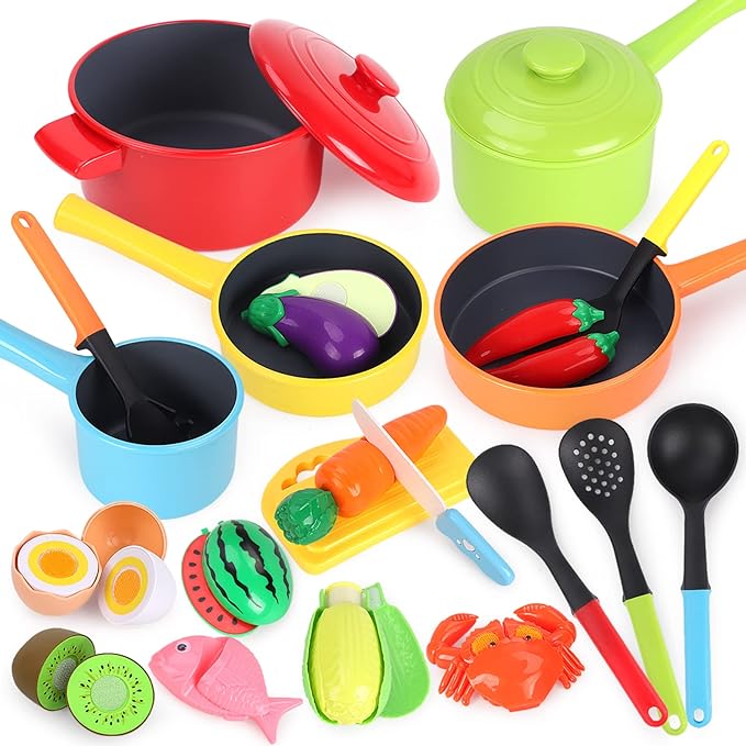GILOBABY Play Kitchen Accessories, Play Food Sets for Kids Kitchen Playset with Pots and Pans Set, Cooking Utensils, Preschool Learning Education Toys for Toddlers, Birthday Gifts for Girls (Red)