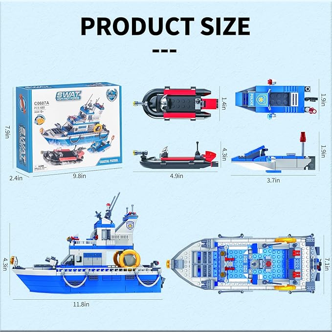 City Boat STEM Building Blocks Sets, Compatible with Lego City Police Boat and Ship Playsets, Rescue Boats That Float Toy Building Kit for Boys 6 7 8 9 10 11 12（480 Pcs）