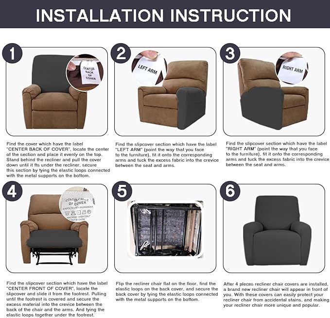 NILUOH Stretch Recliner Chair Cover 4-Pieces Recliner Covers for Large Recliner Jacquard Lazy Boy Chair Covers Soft Reclining Chair Cover Furniture Protector with Elastic Bottom (Leaf Dark Grey)