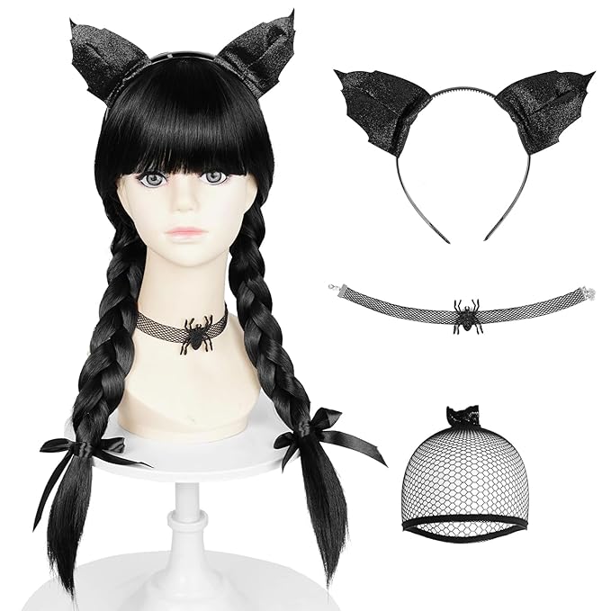 Probeauty Long Black Braided Wig for Kids Girls Cosplay Wigs with Devil Headband Necklace for Halloween Costume
