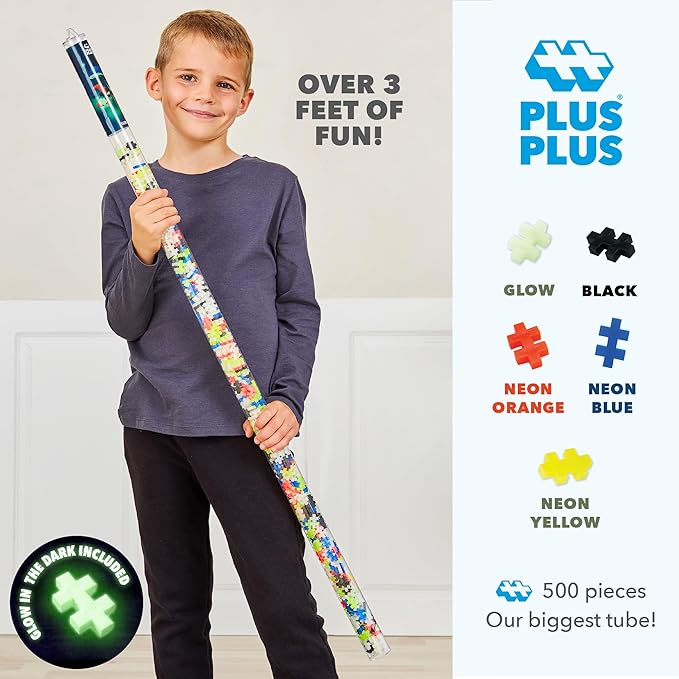 Plus Plus 500 Piece Interlocking Building Block 3D Puzzle Kit, Kids Stem Connecting Toys - Glowing Color Mix