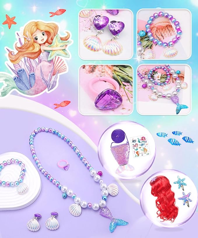 Mermaid Costume Dress, Mermaid Princess Dress for Girls with Wig Headband Necklace for Birthday Party Cosplay