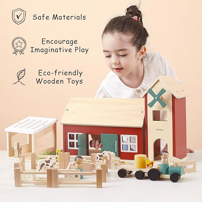 PairPear Wooden Barn Farm Toys with Farm Animals Figures and Tractor, Educational Stacking Learning Toys Gift for Toddler Girls Boys 3+