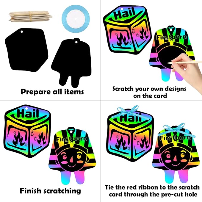 WATINC 60pcs Passover Scratch Paper Art Kit with 10 Plague for Kids, Magic Color Scratch Off Cards Craft DIY Animals Drawing Notebook, Classroom School Birthday Party Favor Hanging Decoration