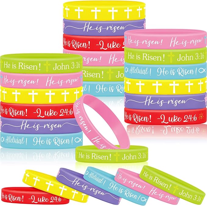 Deekin 72 Pcs He Is Risen Bracelets Bulk Easter Egg Stuffers Basket Filler Religious Silicone Bracelet Party Favors Bible Rubber Bracelet Cross Catholic Exchange Gifts for Kids Festival Spring Party