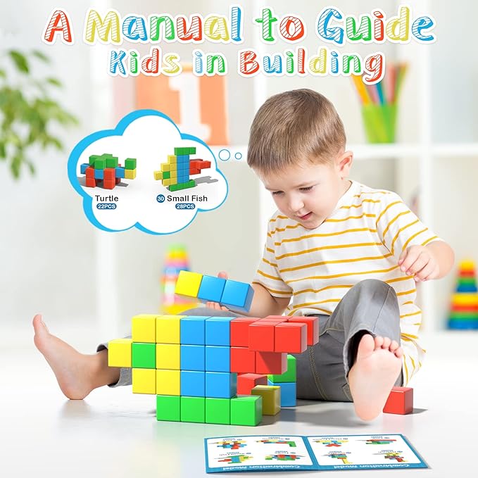 Magnetic Blocks, 56 Pieces 1.34 inch Large Magnetic Building Blocks, 3D Magnetic Cubes for Toddlers, Preschool Educational Construction Kit, Sensory Montessori Toys Kids Blocks for Boys Girls