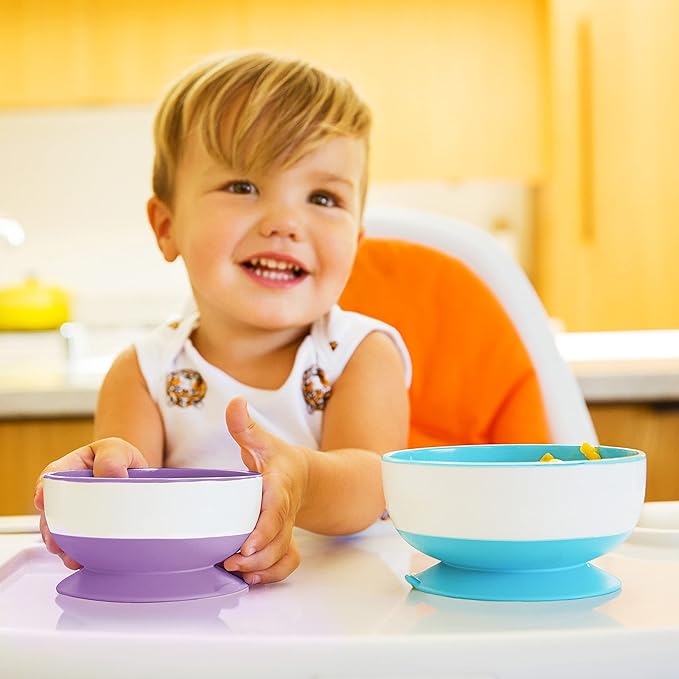 Munchkin® Multi™ Baby and Toddler Plates, 8 Pack & Stay Put™ Suction Bowls for Babies and Toddlers, 3 Pack, Blue/Green/Purple