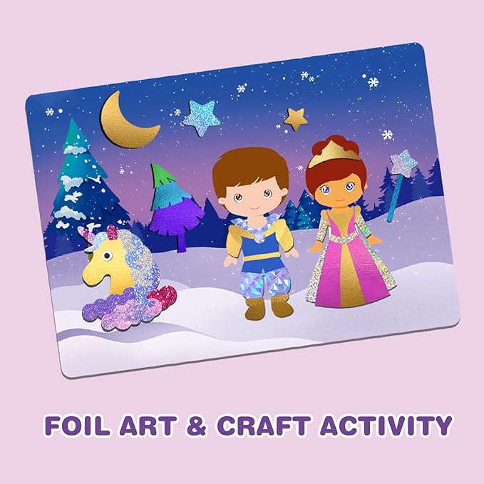 SOOVSY 200 Sheets Princesses & Unicorns Foil Art Fun Kit for Kids, Foil Art for Kids Art Craft DIY Creative Activity Birthday Christmas Gift Travel Toys for 4 5 6 7 8 9 Years Old Kids Girls Boys