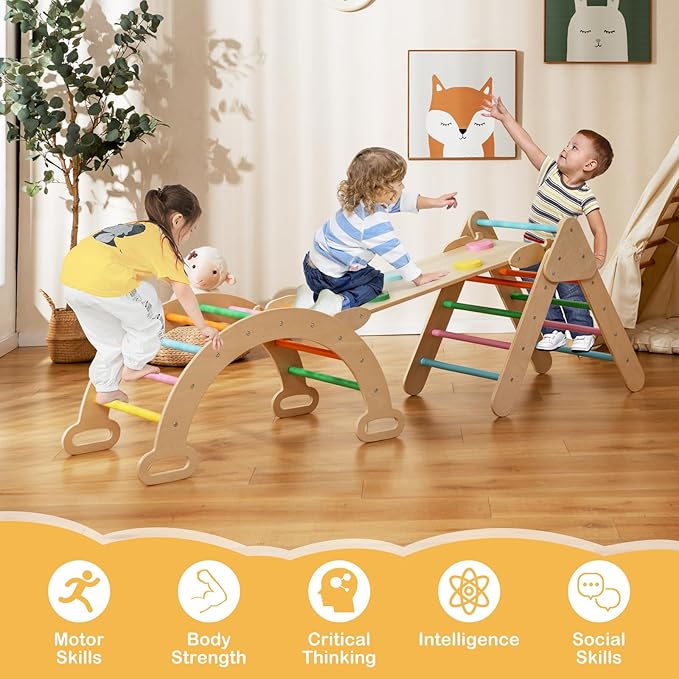Costzon Climbing Toys for Toddlers, Foldable Montessori Wooden Arch Climber Ladder with Sliding Ramp, Multi-Combination Methods, Rainbow Kids Triangle Climber Play Gym Set for Boys Girls Gift Present