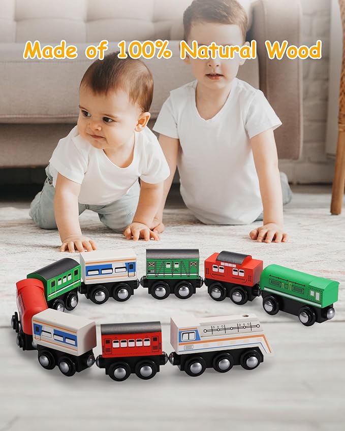 Wooden Train Set 9 PCS - Train Toys Magnetic Set Includes 3 Engines - Toy Train Sets for Kids Toddler Boys and Girls - Compatible with All Major Brands