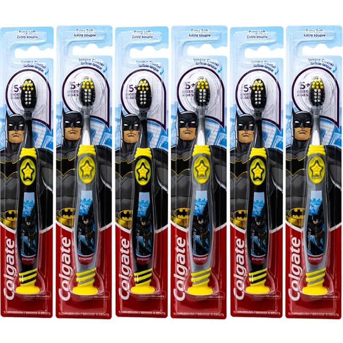 Colgate Batman Toothbrush for Children with Suction Cup, Kids 5+ Years Old, Extra Soft (Colors Vary) - Pack of 6