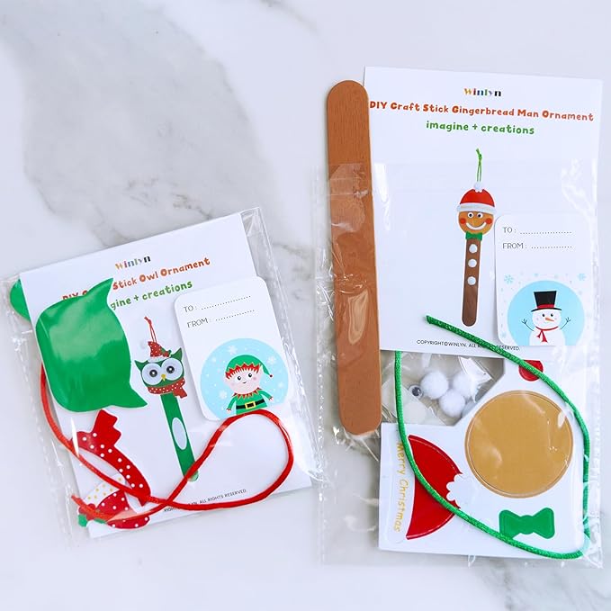 Winlyn 24 Sets Christmas Craft Kits Popsicle Stick Christmas Ornaments Winter Crafts DIY Craft Stick Santa Snowman Elf Reindeer Ornaments Art Sets for Kids Holiday Classroom Activities Party Favors