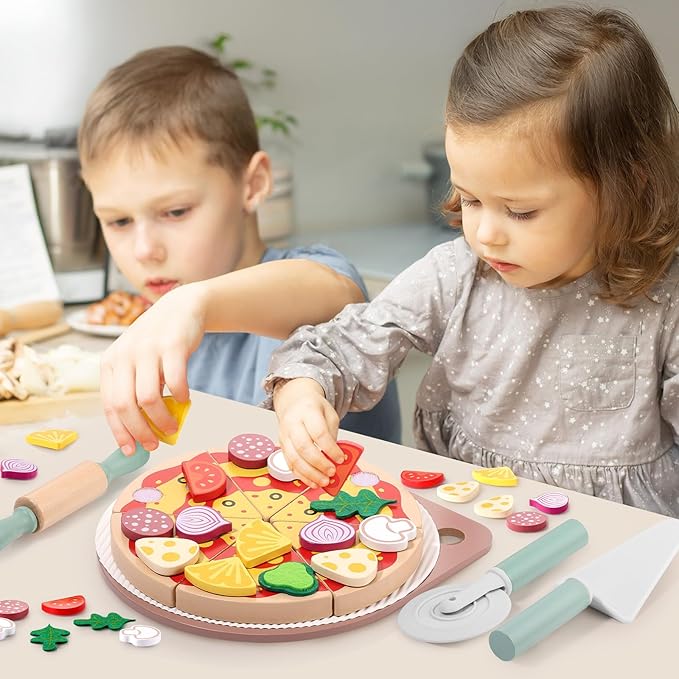 GAGAKU Wooden Pizza Toys for Kids 27Pcs Wood Cooking Toys Cutting Play Food Set for Toddlers Pretend Play Kitchen Accessories Toys for Toddlers Aged 3-8, for Boys and Girls
