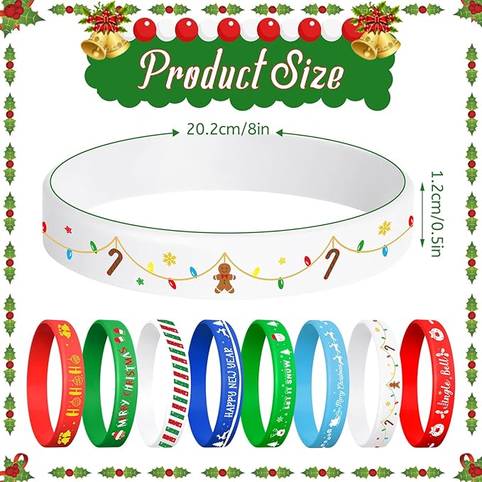 NEBURORA 24pcs Christmas Silicone Bracelet 8 Style Rubber Wristband Xmas Pattern Wrist Band for Merry Christmas Theme Party Decor Supplies
