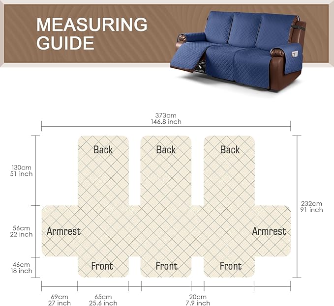 KinCam Waterproof Recliner Sofa Cover, Non-Slip Reclining Couch Covers for 3 Seat, Recliner Couch Cover Furniture Protector with Elastic Straps for Pets, Kids, Blue