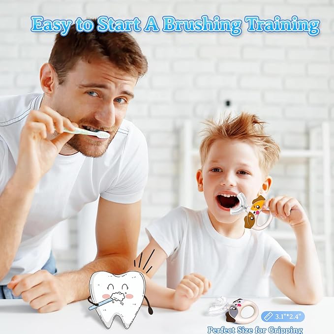 Toddler Toothbrush - U Shaped Cute Dog Toothbrush Kids with Food Grade Soft Silicone Brush, 360° Manual Oral Teeth Cleaning Design for Infant & Age 1 2 3 4, 2 PCS