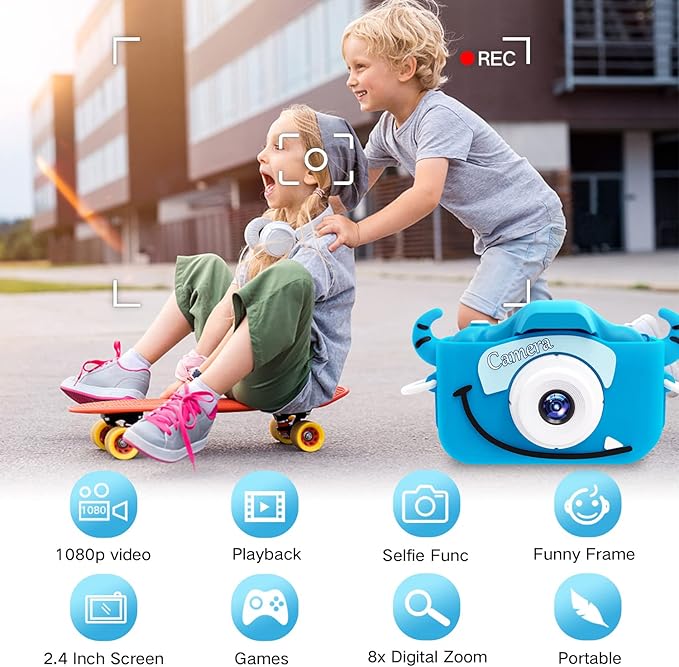 Goopow Kids Camera Toys for 3-8 Year Old Girls Boys,Children Digital Video Camcorder Camera with Cartoon Soft Cover, Best Chritmas Birthday Festival Gift for Kids - 32G SD Card Included (Darkblue-NJ)