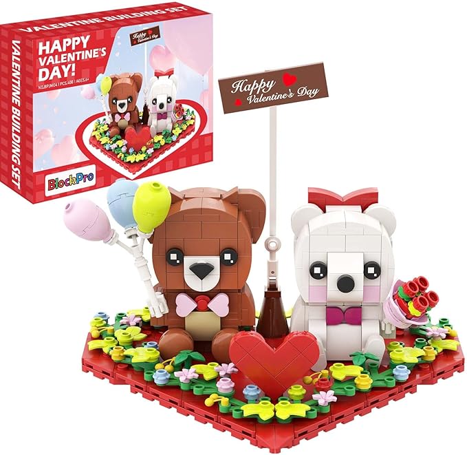 BlockPro Valentine's Day Brown and White Bear Building Set with Rose Bouquet, Love Heart Frame Ornament Building Blocks Set, Valentine's Day Gift for Adults Kids (400PCS)