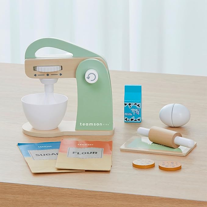 Teamson Kids Little Chef Frankfurt 10 Piece Wooden Cookie Baking Play Kitchen Mixer Accessory Set with Pretend Food and Ingredients, Green