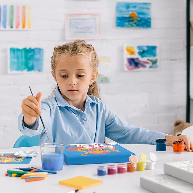Arteza Kids Ocean Scenes Painting Kit, 4 Canvases 8 x 8 Inches, 24 Acrylic Paints, 4 Paint Brushes, 4 Palettes, Kids Activities Ages 6 and Up