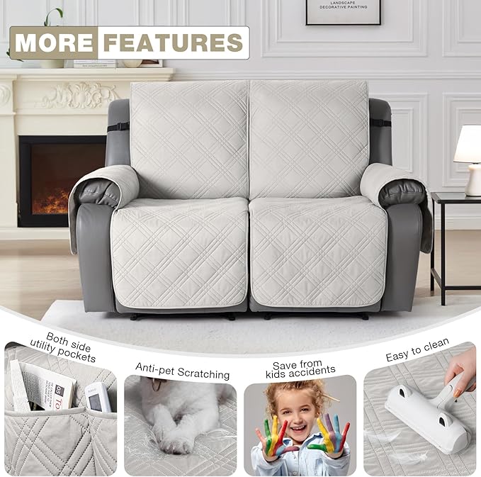 TAOCOCO 100% Waterproof Oversized Loveseat Recliner Cover, Non Slip Split Loveseat Covers for Reclining Loveseat with Elastic Straps for Kids Pets(Oversized 2 Seater, Off White)