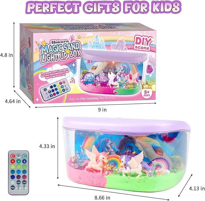 Unicorn Terrarium Kit Gifts for Kids - DIY Night Light Up with Remote - Unicorn Toys for Girls Ages 4 5 6 7 8 9 10 11 12 + Year Old Fun Easter Birthday Sand Arts and Crafts for Kids