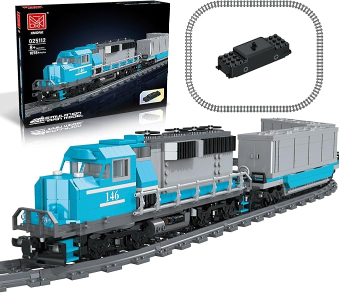 Train Building Block Set, Freight Cargo Internal Combustion Locomotive Model Building Toys, Gift for Kids Age 8+/Adult (1078 Pieces, with 32 Rails and Rechargeable Motor)