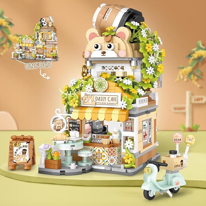 City Cafe Building Blocks Toys, Openable Coffee Shop Building Set for Boys Girls Age 8+,1077pcs Mini Bricks(Not Compatible with Lego) (Green)