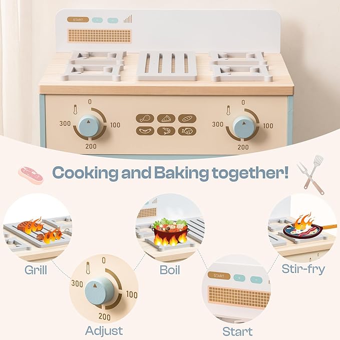 ROBOTIME Wooden Toy Kitchen Oven Playset, Montessori Pretend Play Kitchen Accessories with Pizza and Cupcakes Food Toys, Wooden Pizza Oven Set Toys for Toddlers & Kids