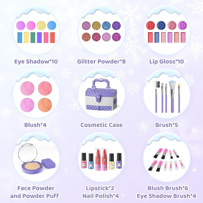 PERRYHOME Kids Makeup Set for Girl 56 Pcs Washable Real Cosmetic, Non-Toxic Frozen Toys Toddler Makeup Kit, Frozen Princess Dress up Game Christmas & Birthday Girl Gift for 3-12(Frozen Purple)