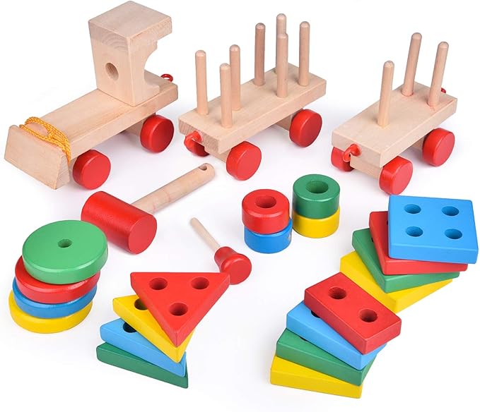 FUN LITTLE TOYS Stacking Train, Shape Sorter Wooden Toys(23 pcs), Sorting & Stacking Toys for Toddler 3, Montessori Toys for 3 Year Old Boy Girl Gifts, Kids Wooden Train Toy