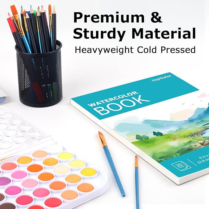 Hapikalor Watercolor Paper Pad, 9"x12" Water Color Paper, 140lb/300gsm Artist Painting Drawing Paper Book, Art Supplies for Adults Kids, Watercolors, Watercolor Paint Set, Sketchbook, Journal, Teal