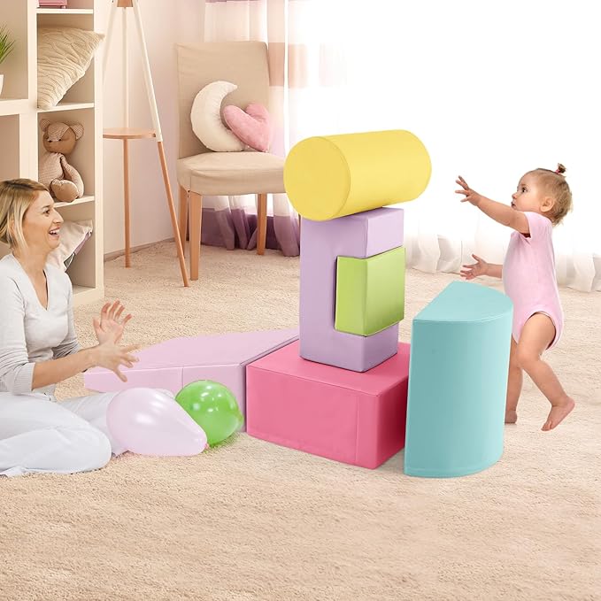 HONEY JOY 6-Piece Climb and Crawl Playset, Soft Climbing Foam Block Activity Play Structure Gym Equipment for Infant Baby, Color Coordination, Waterproof Indoor Climbing Toys for Toddlers (Red)
