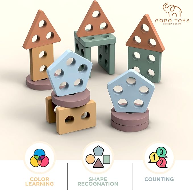 GOPO TOYS Montessori Toys for 18+ Months Old - Toddlers Wooden Sorting and Stacking Toys for Baby Boys and Girls - Shape Sorter and Color Stacker Preschool Kids Wood Gifts