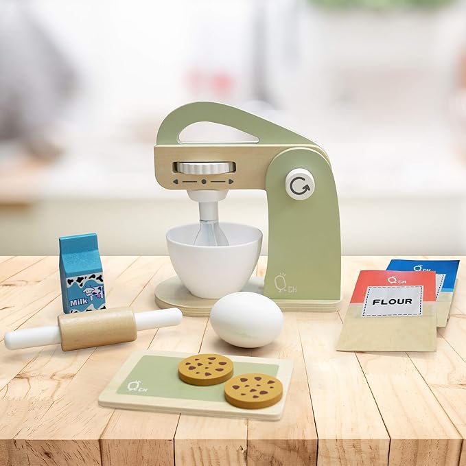 Teamson Kids - Little Chef Frankfurt Wooden Mixer Play Kitchen Accessories - Green- 10 pcs