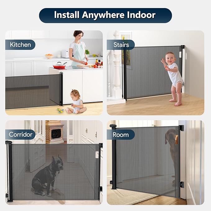 Bulubaky Extra Tall Safety Retractable Baby Gate Adjustable Wide Retractable Dog Gate Mesh Baby Gate Child Gate for Doorway, Hallway, Stair Gates for Kids or Pets (Black, 33" Tall x 110")