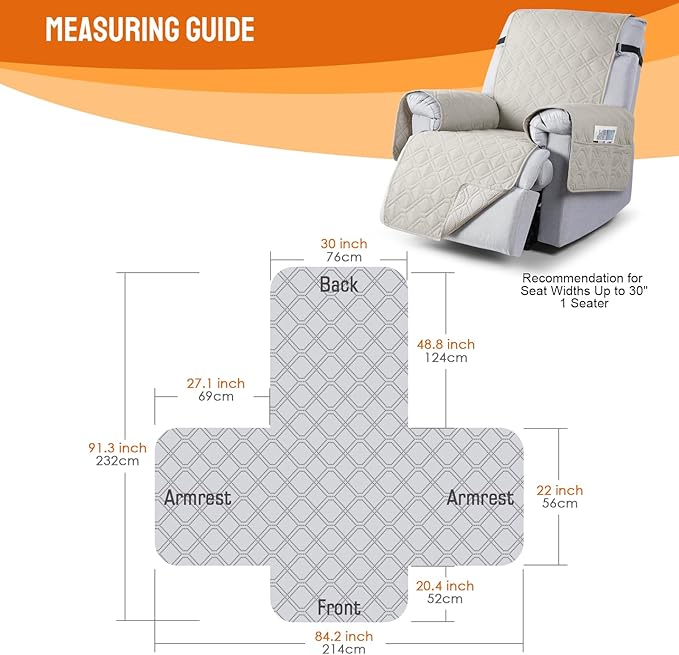 VANSOFY 100% Waterproof Recliner Chair Covers, Recliner Cover Non-Slip Dog Chair Cover Furniture Protector Washable Slipcover with Pocket, Elastic Straps for Pets, Dogs(Beige, 30")