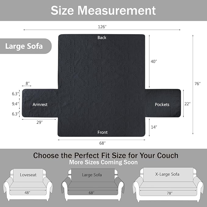 Soft Quilted Couch Cover, Medallion Designed Anti-Slip Blue Gray Sofa Slipcovers for 3 Cushion, Pet Friendly Sofa Cover for Dogs Cats Water-Repellent Washable (Large Sofa 68", Blue Gray)