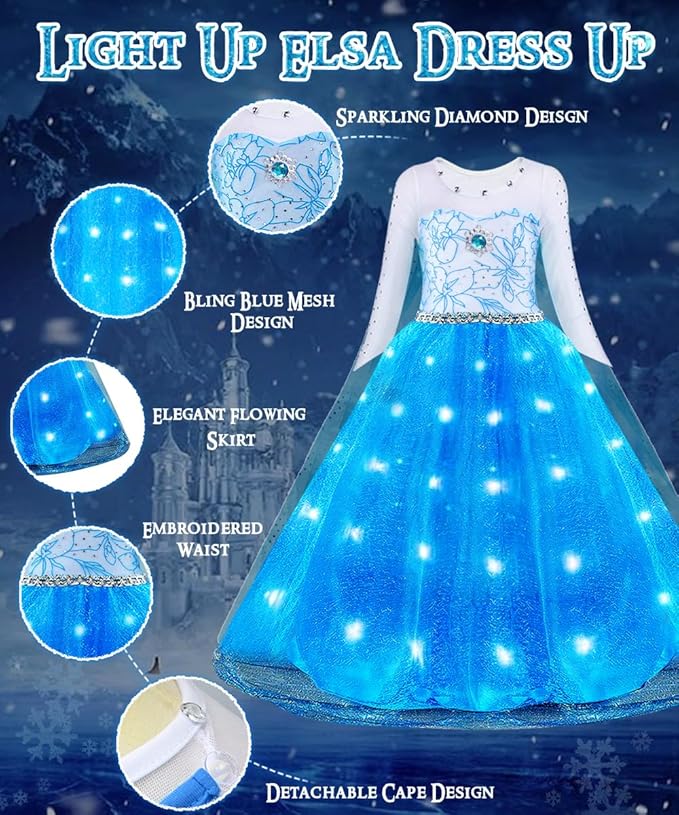 TOLOYE Princess Dresses for Girls, Light Up Elsa Anna Frozen Dress Up with Accessories for Birthday Halloween Carnival
