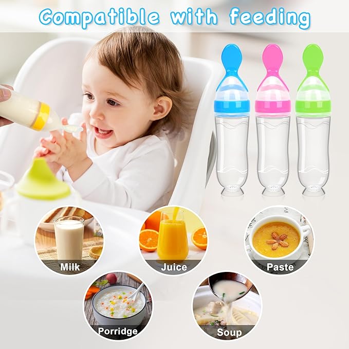 Baby Food Feeder Silicone Baby Food Dispensing Spoon-WAJIAYON, 3 oz Squeeze Feeding Spoons with Suction Cup for Boys Girl Kids Toddlers - Self Feeding Bottle Spoon-Pink