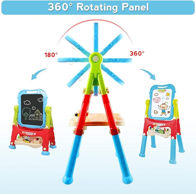 Easel for Kids,Rotatable Double Sided Adjustable Standing Art Easel with Painting Accessories for Toddlers Boys and Girls-Blue