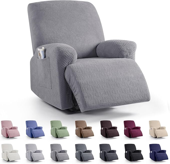 KinCam Recliner Covers, Stretch Reclining Chair Covers, Recliner Sofa Slipcovers Stripe Jacquard Recliner Couch Covers Furniture Protector Covers for Pet Kid (1 XL Seater, Light Gray)