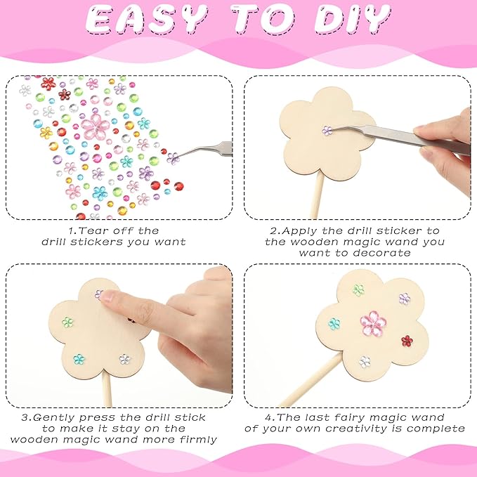 42 Pcs Princess Fairy Wands Kit, Include 36 Pcs Wooden Unfinished Wand DIY Princess Wand with 6 Sheet Colorful Diamond Sticker for Girls Make Your Own Princess Wand, Cosplay Costume Party Favor